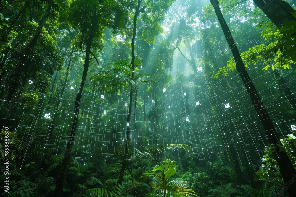 Fototapeta premium Realistic depiction of AI systems in smart sensors deployed in a rainforest, continuously monitoring environmental health Smart sensors in nature, Environmental AI, Real-time monitoring