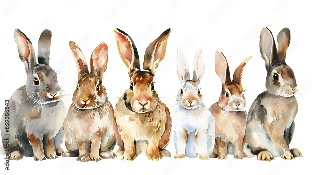 Fototapeta premium Collection of cute rabbits watercolor isolated on a white background