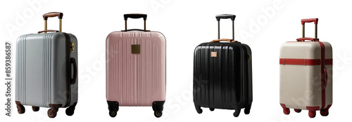 Set of various travel suitcase, luggage trolley bags in different colours isolated on transparent background. Generative AI