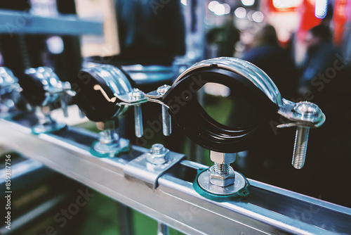 Foto Fastening system. Double-screw pipe clamp with a locking ring.