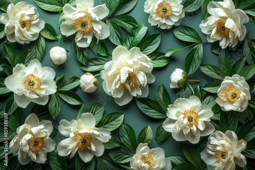 Elegant flat lay of white peony flowers with lush green leaves on a teal background, showcasing natural beauty and delicate floral arrangementswhite peony © Piya