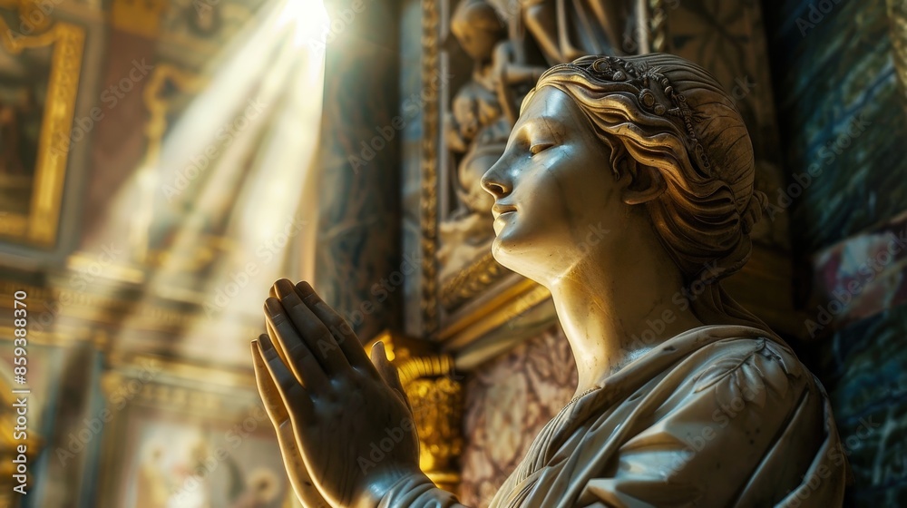 Obraz premium A statue of Mary praying, in the background is an ornate church with intricate carvings and gold leaf decorations, rays of sunlight piercing