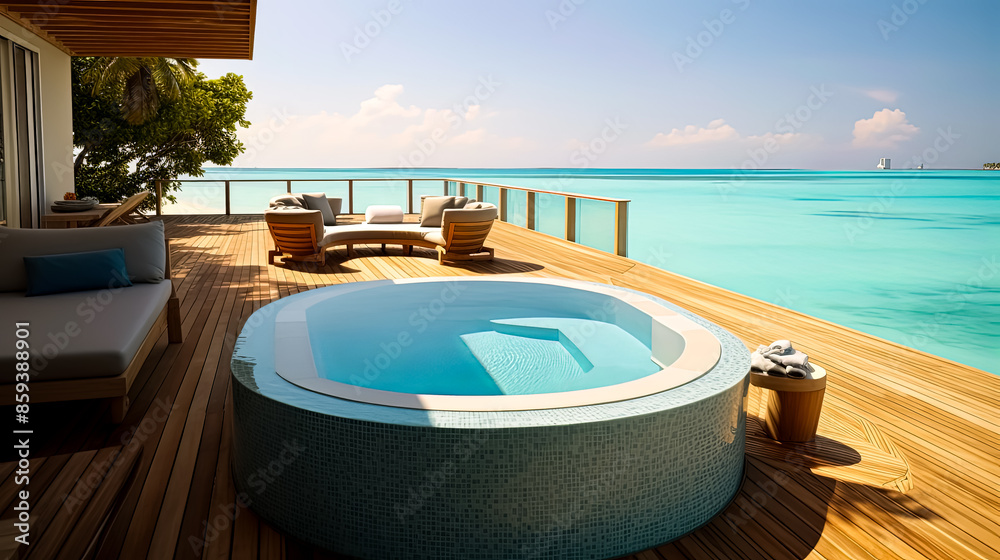A beautiful beach house with a pool and a balcony overlooking the ocean. A beautiful beach house with a pool and a balcony overlooking the ocean.
