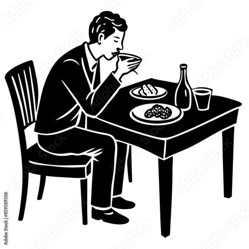 vector illustration sitting and eat at the table