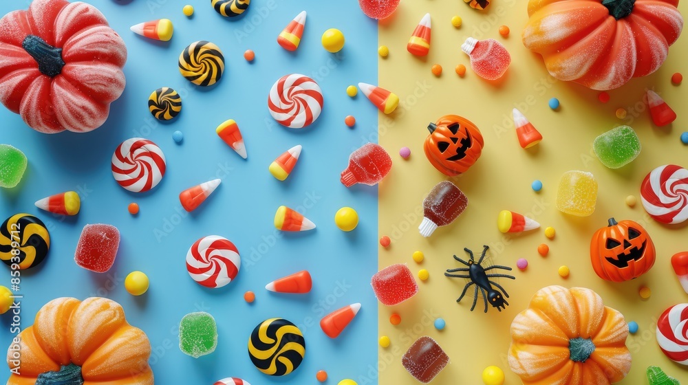 Halloween candy wallpaper flat design top view fun theme animation Split-complementary color scheme Halloween candy wallpaper flat design top view fun theme animation Split-complementary color scheme