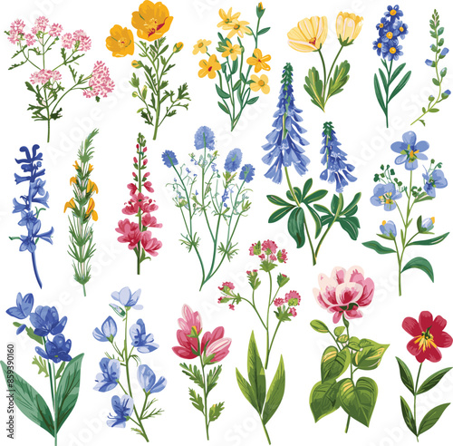 Watercolor wildflowers and leaves illustration set,,Beautiful floral set with watercolor hand drawn,Stock illustration,wild plants, flowers. Garden, meadow