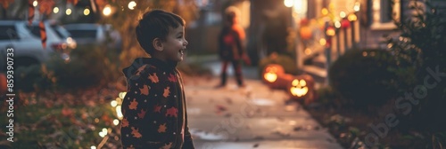 A young child dressed in a Halloween costume smiles as they walk down a suburban sidewalk at dusk during trick-or-treating photo