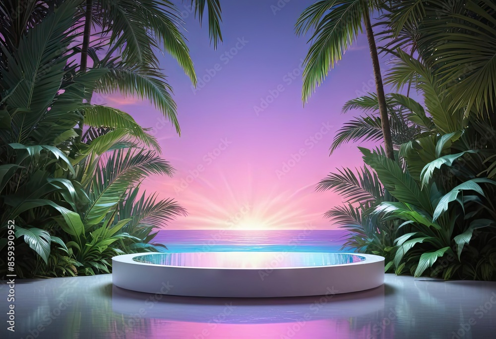 Obraz premium Empty podium for product presentation with palm leaf on seascape, palm trees, summer