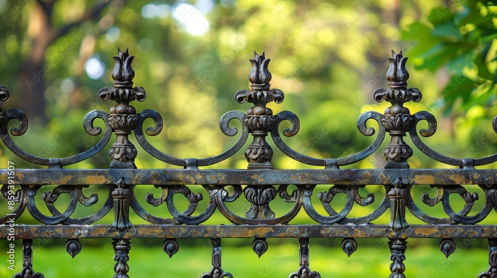 Ornate wrought iron fence with intricate designs in a park, sunny day. Historical architecture and outdoor decoration concept Ornate wrought iron fence with intricate designs in a park, sunny day. Historical architecture and outdoor decoration concept