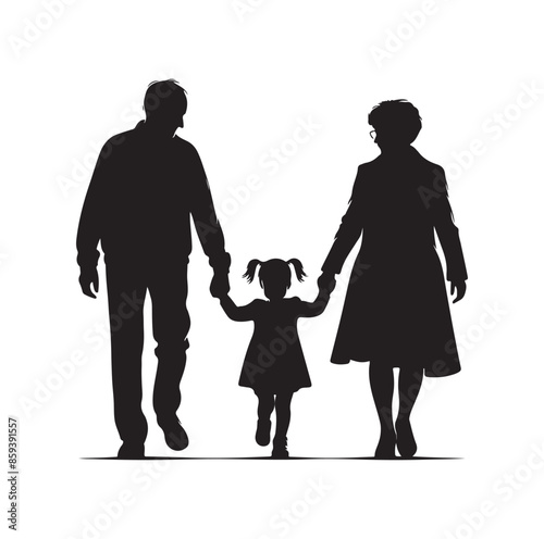 grandparents walking with granddaughter vector silhouette Illustration