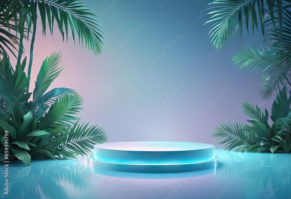 Empty podium for product presentation with palm leaf on seascape, palm trees, summer Empty podium for product presentation with palm leaf on seascape, palm trees, summer