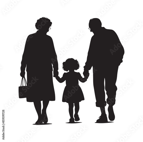 grandparents walking with granddaughter vector silhouette Illustration