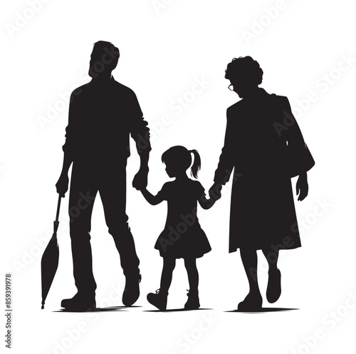 grandparents walking with granddaughter vector silhouette Illustration