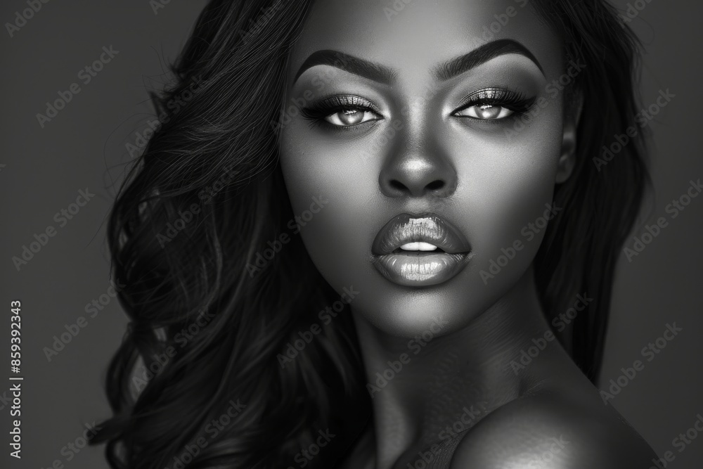 Black woman with long hair and perfect makeup. Black and white photograph. Salon Haircare or Skincare. Perfect hair and Smooth Skin Black woman with long hair and perfect makeup. Black and white photograph. Salon Haircare or Skincare. Perfect hair and Smooth Skin