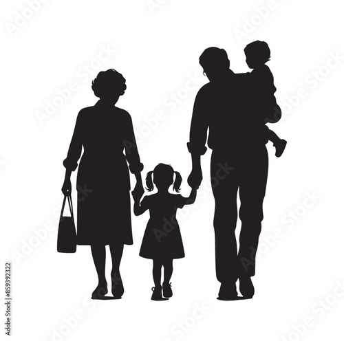 grandparents walking with granddaughter vector silhouette Illustration 