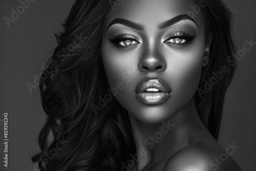 Black woman with long hair and perfect makeup. Black and white photograph. Salon Haircare or Skincare. Perfect hair and Smooth Skin