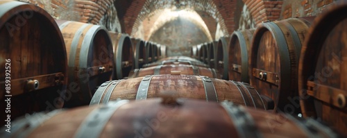Cellar with barrels of wine. Storage of wine