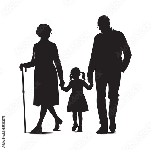 grandparents walking with granddaughter vector silhouette Illustration 
