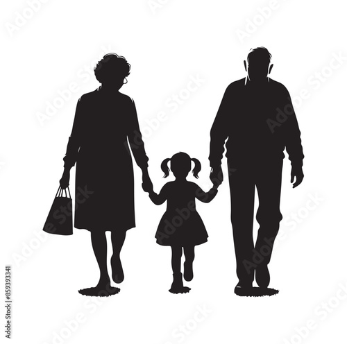 grandparents walking with granddaughter vector silhouette Illustration 