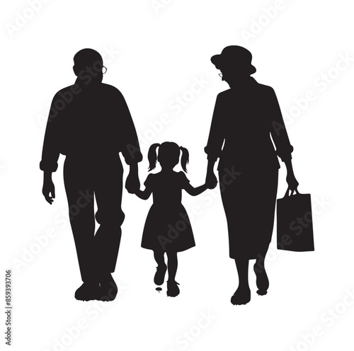 grandparents walking with granddaughter vector silhouette Illustration 