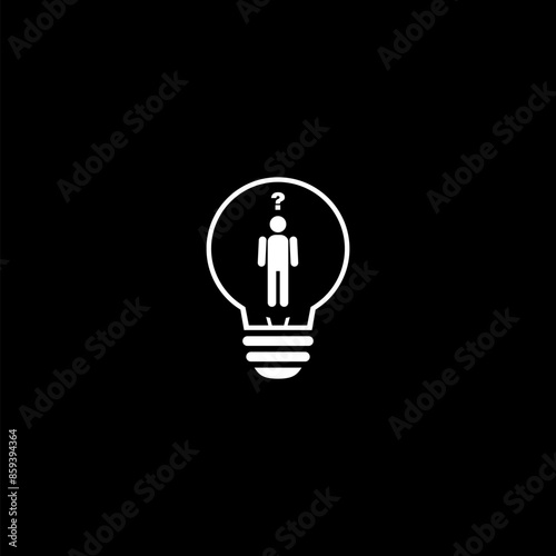 Idea thinking person, problem solving lightbulb solution finding on black background