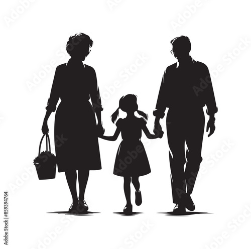 grandparents walking with granddaughter vector silhouette Illustration 