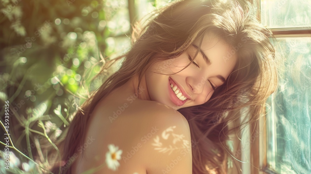 Radiant woman enjoying sunlight with floral shadow patterns on skin Radiant woman enjoying sunlight with floral shadow patterns on skin