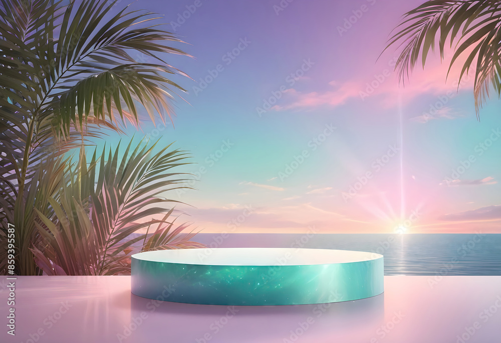 Obraz premium Empty podium for product presentation with palm leaf on seascape, palm trees, summer