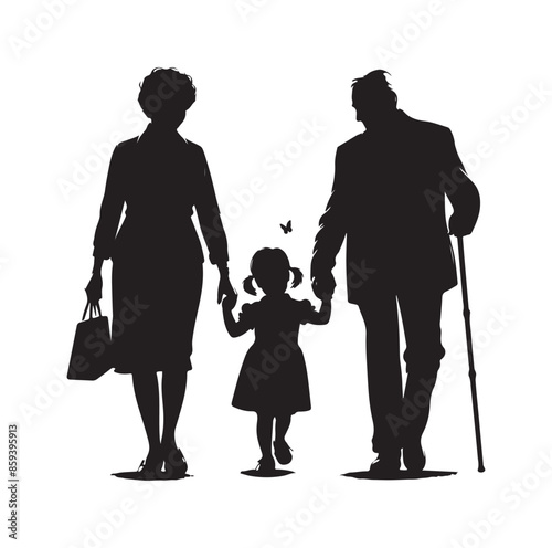 grandparents walking with granddaughter vector silhouette Illustration 