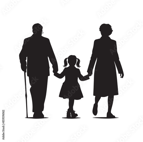 grandparents walking with granddaughter vector silhouette Illustration 