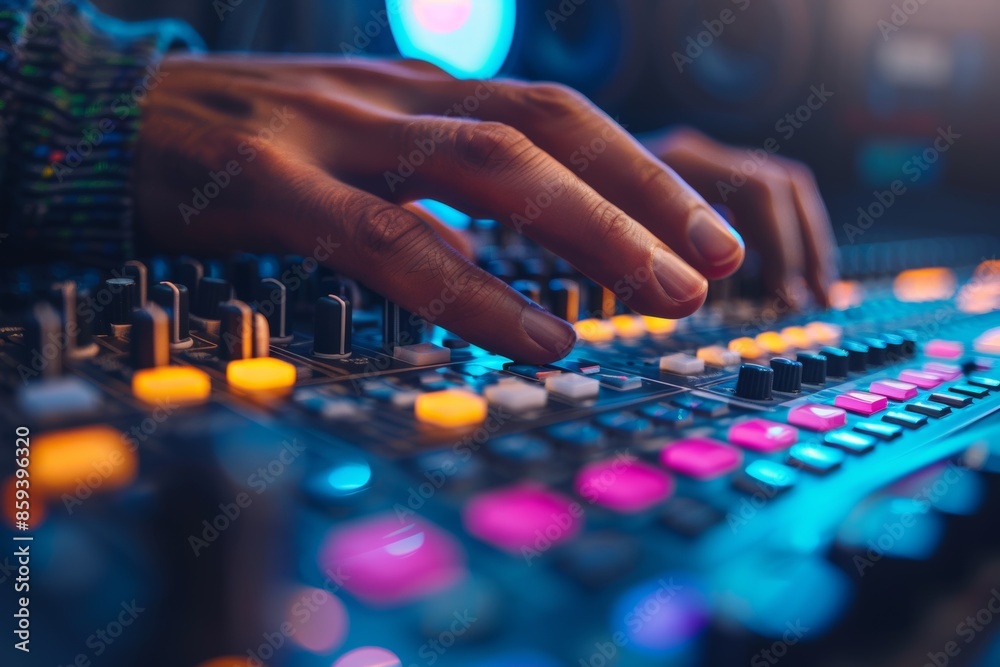 Vibrant DJ mixing at a club with colorful lights Vibrant DJ mixing at a club with colorful lights