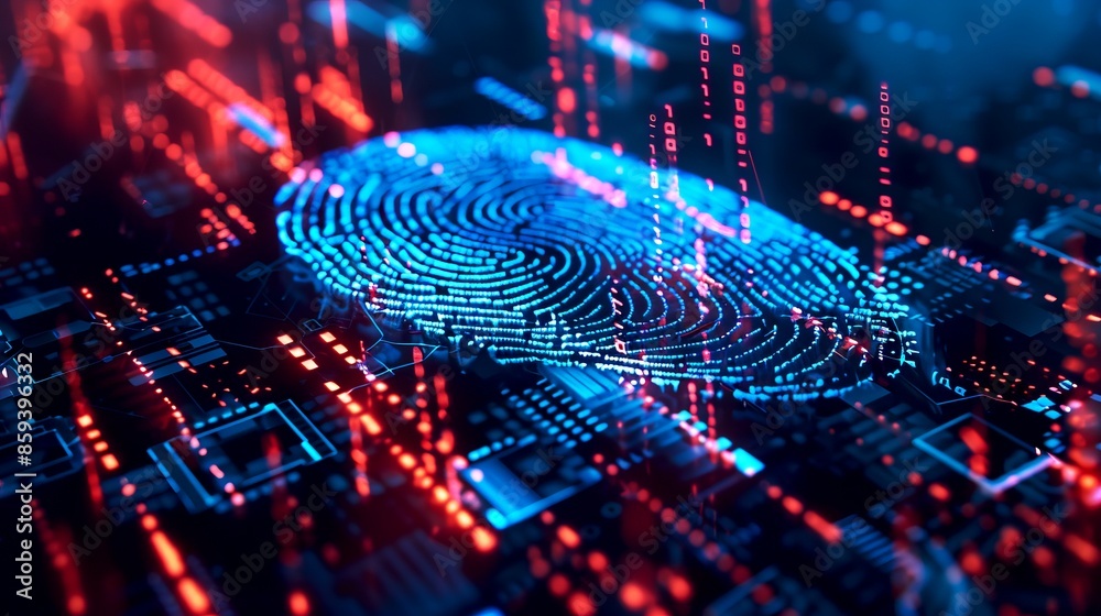 Futuristic digital fingerprint identity verification with bright neon colors. Technology and cybersecurity concept art. AI-generated image ideal for illustrating digital security. AI Futuristic digital fingerprint identity verification with bright neon colors. Technology and cybersecurity concept art. AI-generated image ideal for illustrating digital security. AI