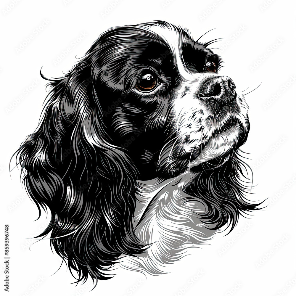 A black and white drawing of a Cavalier King Charles Spaniel dog A black and white drawing of a Cavalier King Charles Spaniel dog