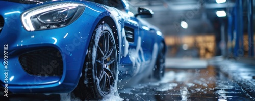 Modern blue luxury sport  car in a car wash with foam, transport concept banner. Generative AI.