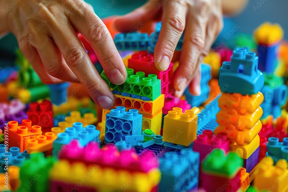 Hands assemble colorful toy blocks on a vibrant background. Hands assemble colorful toy blocks on a vibrant background.