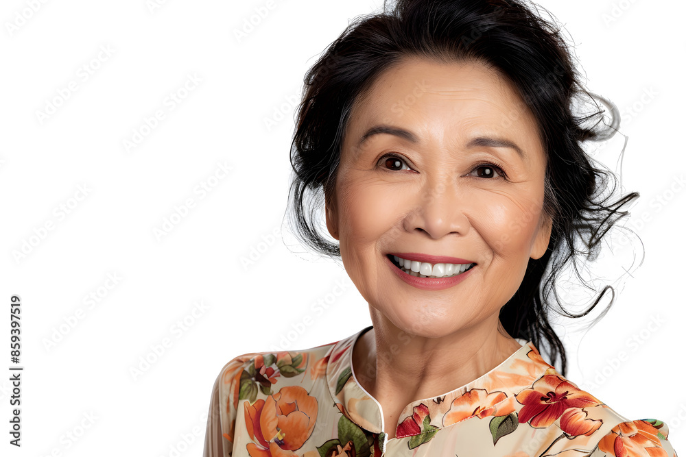 Closeup Portrait of pretty smiling mature asian woman isolated on white background Closeup Portrait of pretty smiling mature asian woman isolated on white background