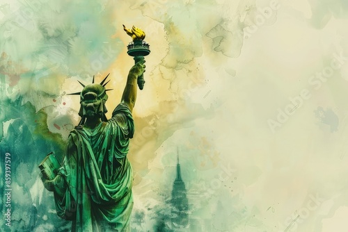 A painting of the Statue of Liberty with a yellow torch in her right hand. The painting has a serene and peaceful mood, with the statue standing tall and proud in the background