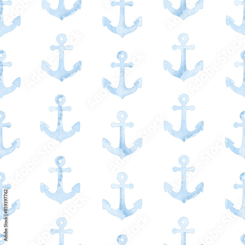 Seamless watercolor pattern with anchors on the white background, aquarelle.