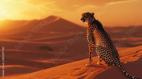 Wild cheetah walking across sandy dunes