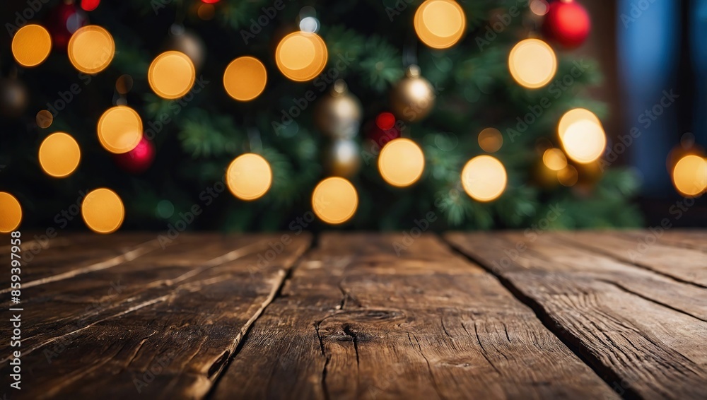 Empty wooden table with christmas theme in background Empty wooden table with christmas theme in background