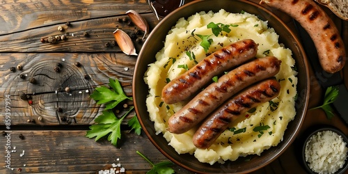 British pubstyle wallpaper featuring sausage and mashed potatoes pattern. Concept British Pub Decor, Sausage and Mash Pattern, Wallpaper Design photo