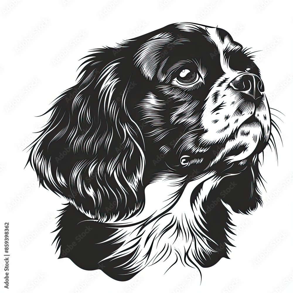 A black and white drawing of a cavalier king charles spaniel dog A black and white drawing of a cavalier king charles spaniel dog