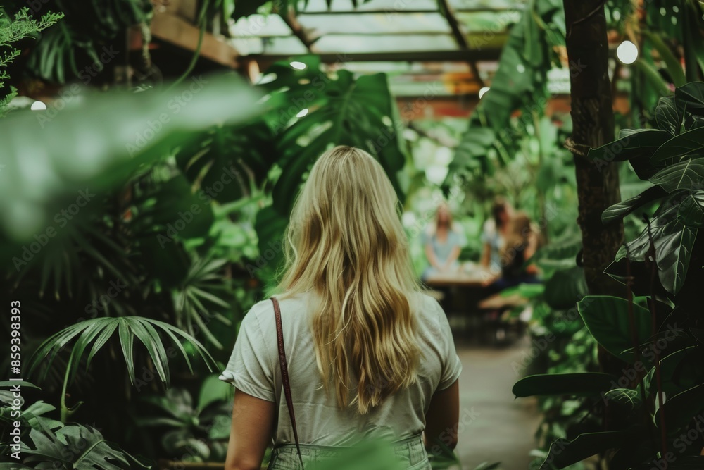 Woman exploring lush greenhouse with friends in the background Woman exploring lush greenhouse with friends in the background