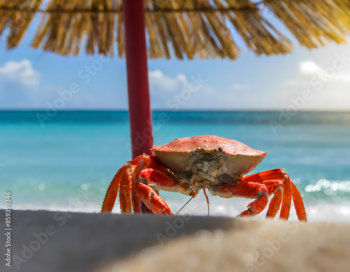 a red crab on a tropical beach photo