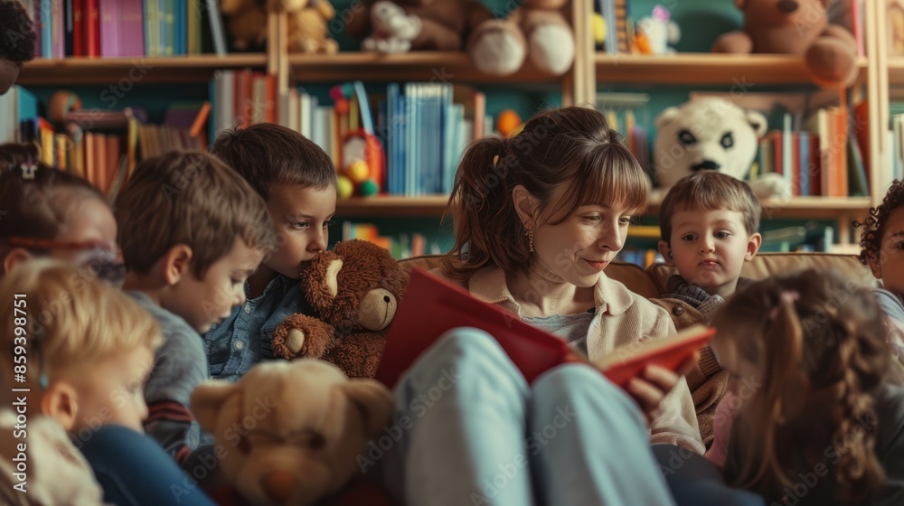 Obraz premium Female teacher reading a story to children in kindergarten school, Classroom and learning concept.
