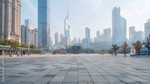 Empty city square and skyline with modern architecture in Chongqing China : Generative AI
