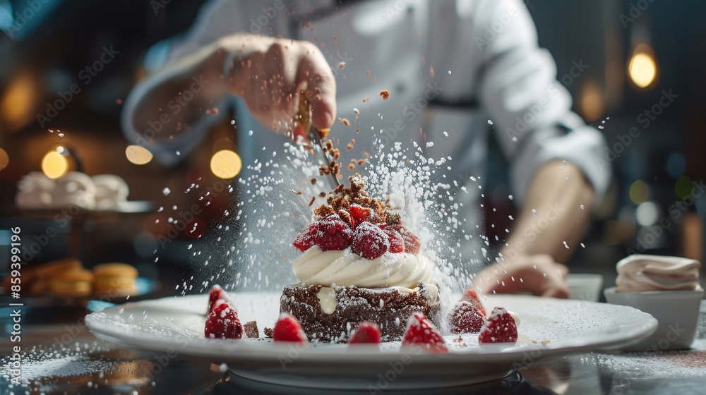 Talented chef meticulously placing garnishes on a dessert, showcasing their artistic flair in the kitchen. Talented chef meticulously placing garnishes on a dessert, showcasing their artistic flair in the kitchen.