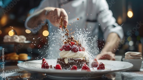 Talented chef meticulously placing garnishes on a dessert, showcasing their artistic flair in the kitchen.