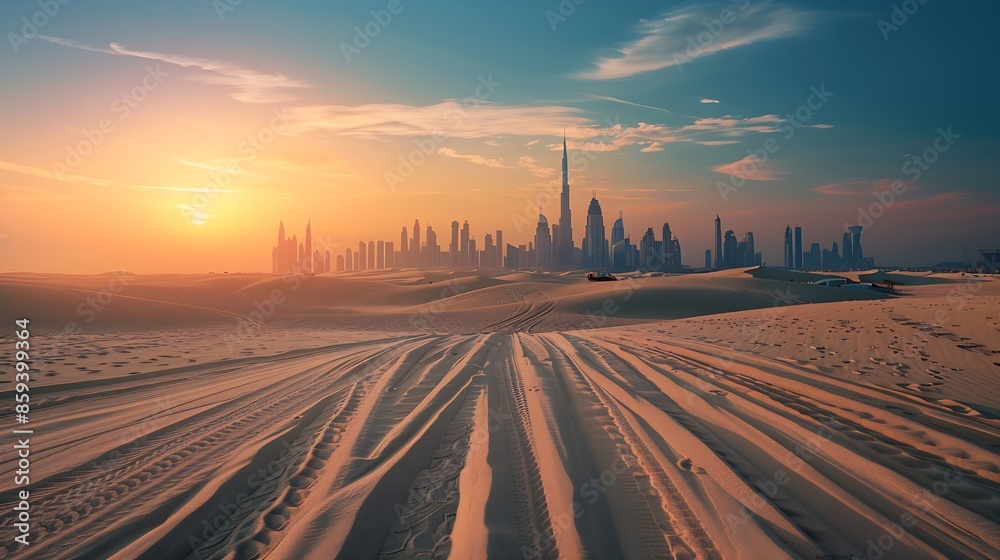 Dubai skyline on the horizon of a sand and dune landscape with tire tracks from a 4x4 vehicle during safari excursion Blue sky at sunset : Generative AI Dubai skyline on the horizon of a sand and dune landscape with tire tracks from a 4x4 vehicle during safari excursion Blue sky at sunset : Generative AI