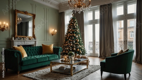 Christmas morning. classic luxurious apartments with decorated christmas tree. Living hall large mirror, green sofa, high windows  © nusrat